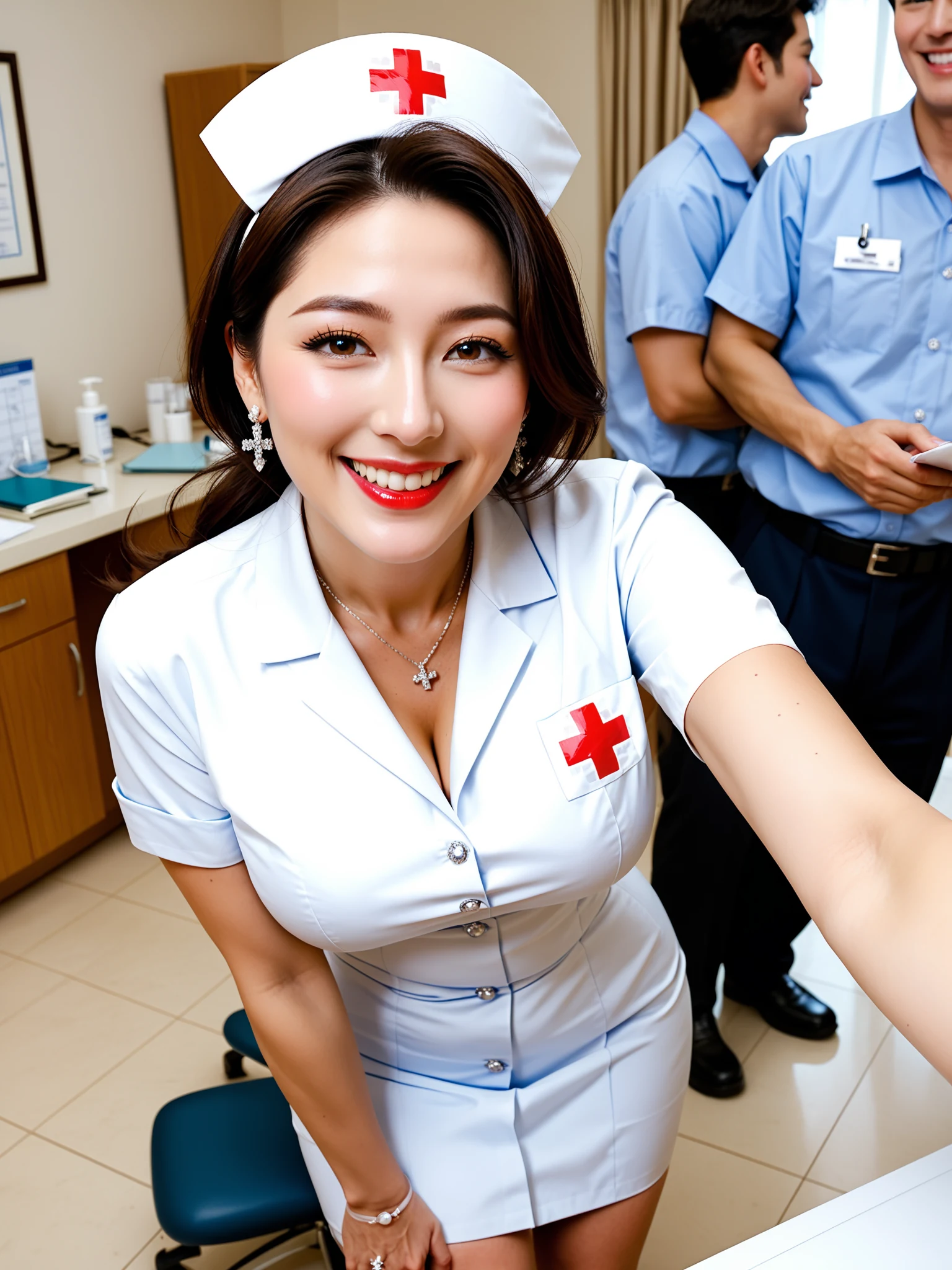 たまらん｜人妻ナース保健室寝取られ｜無料AIエロ画像28枚 - ナース服のまま手を広げて近づいてくる、背後の同僚が気にしてない