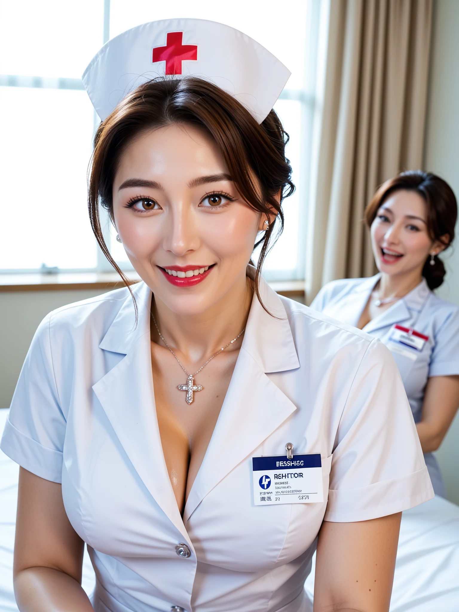 たまらん｜熟女ナース保健室寸止め責め｜無料AIエロ画像28枚 - 全裸でベッドに横たわる、ナースキャップだけが残った姿がエロすぎる