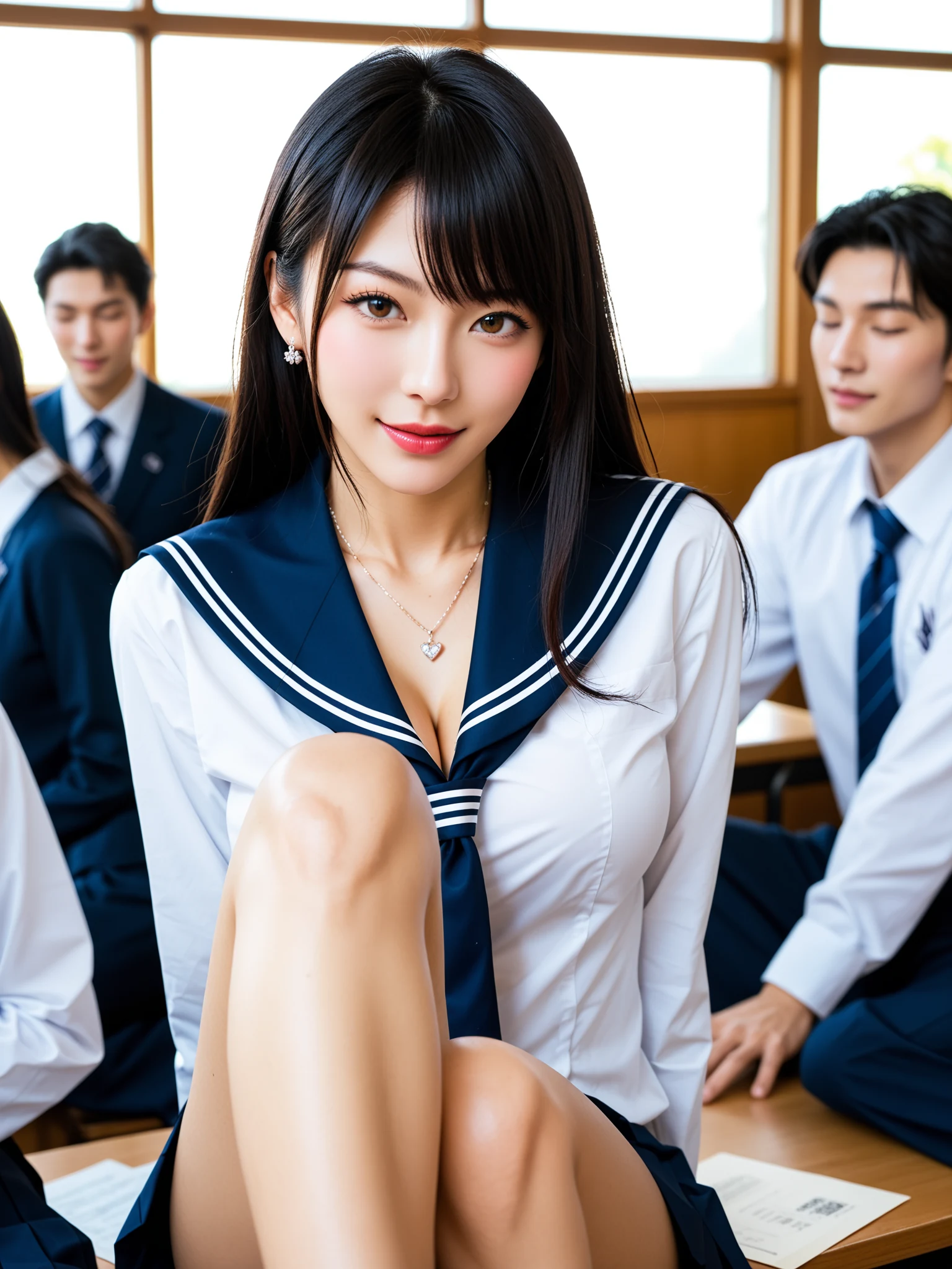 Hot: Long Black Hair Uniform Schoolgirl Changing Voyeur — Free AI Porn 28 Pics (18+) - Final shot — back in the sailor uniform in the classroom, legs crossed, the "nothing happened" face