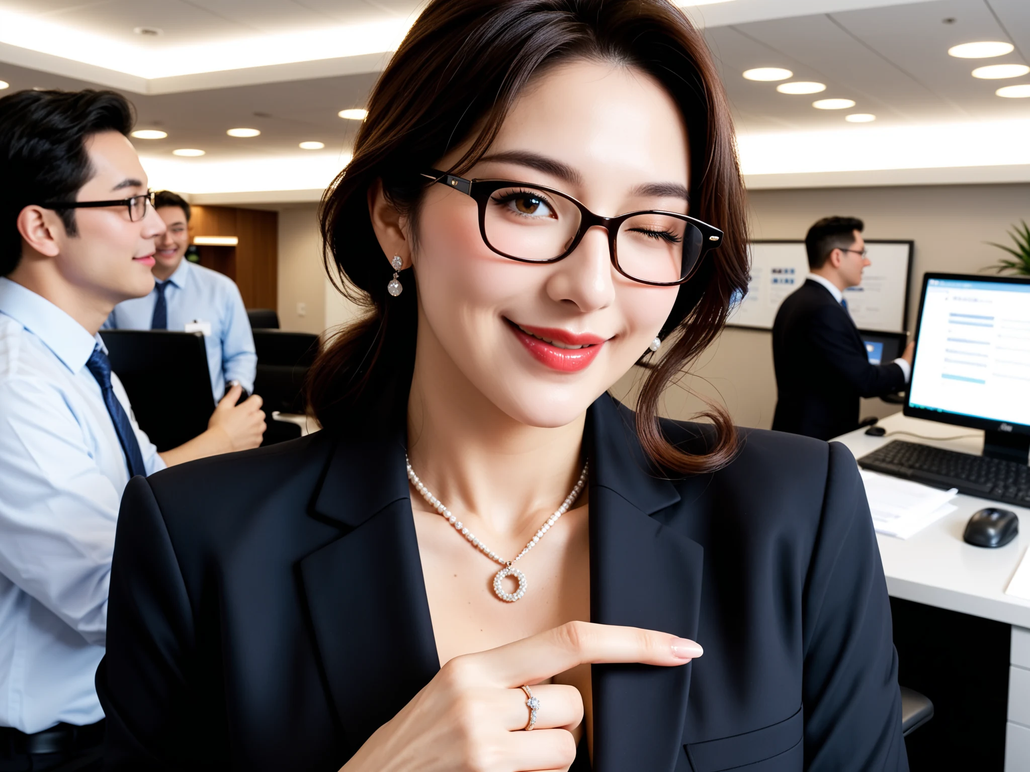 Wild: Glasses OL Married Woman NTR at Overtime — Free AI Porn 28 Pics (18+) - Touching her necklace, the guy behind her obviously staring