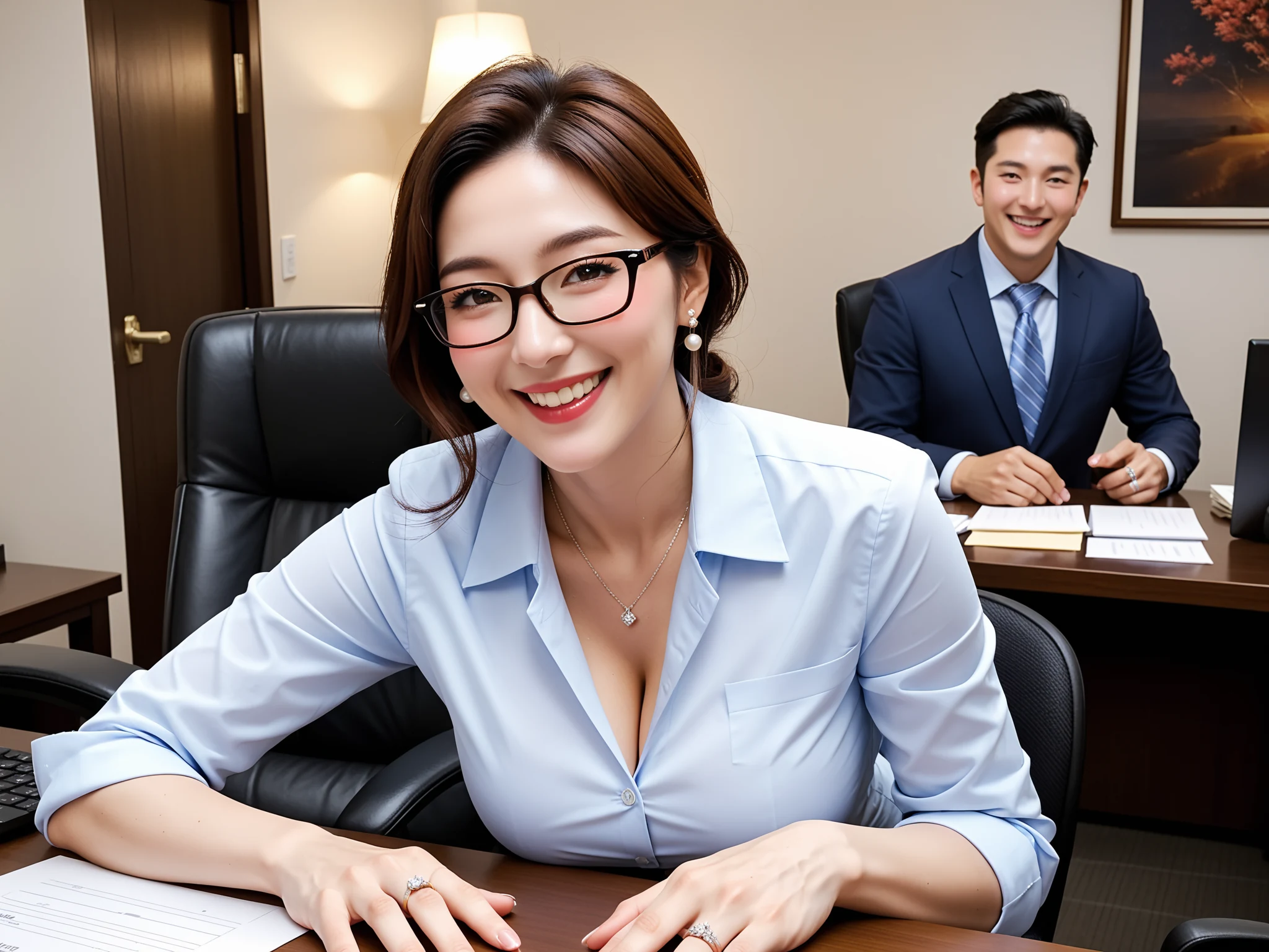 Wild: Glasses OL Married Woman NTR at Overtime — Free AI Porn 28 Pics (18+) - Alone in what looks like the boss's office, neckline open and laughing — full cheating