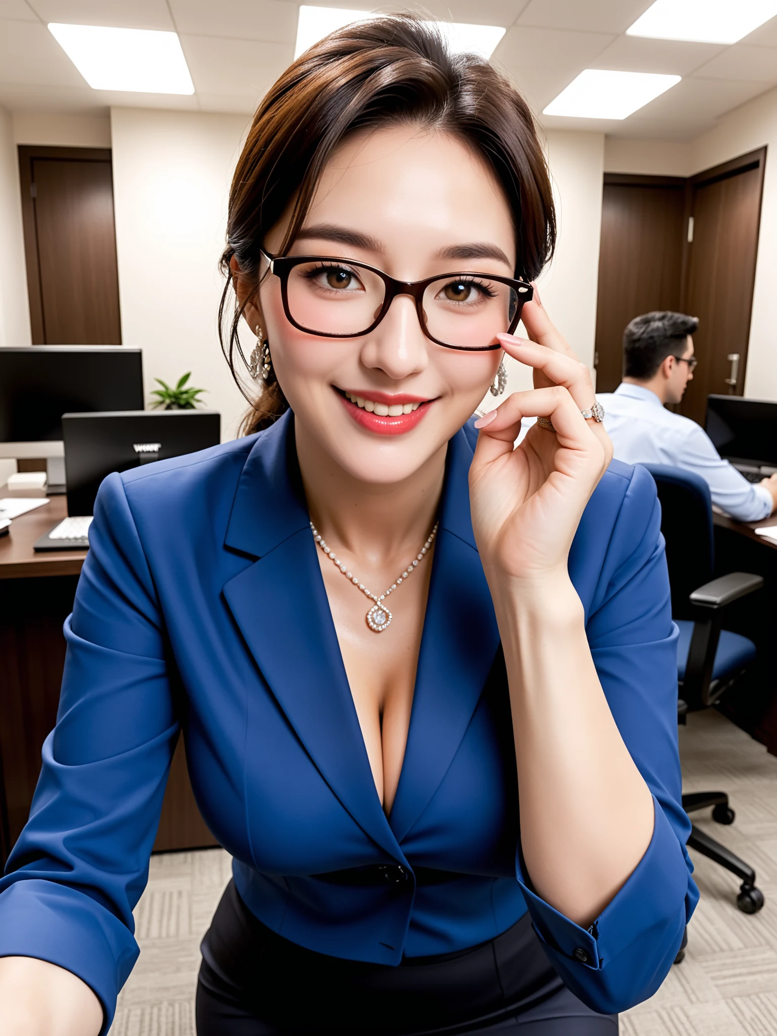 Wild: Glasses OL Married Woman NTR at Overtime — Free AI Porn 28 Pics (18+) - Smiling with fingers on the glasses frame, just this gesture and you're gone