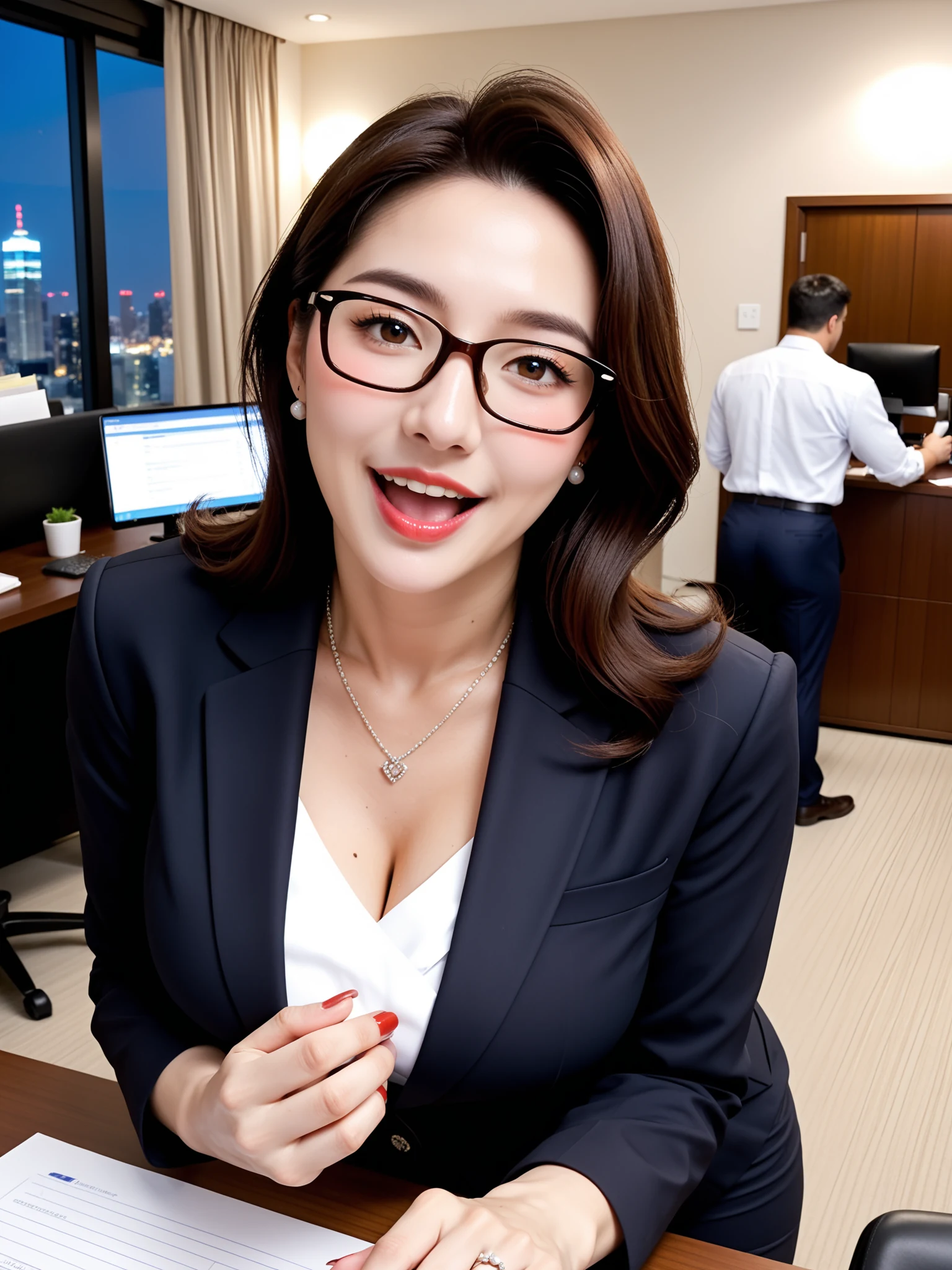 Wild: Glasses OL Married Woman NTR at Overtime — Free AI Porn 28 Pics (18+) - Smile turning back with the night skyline behind her, you can't leave after overtime if she shows you this face