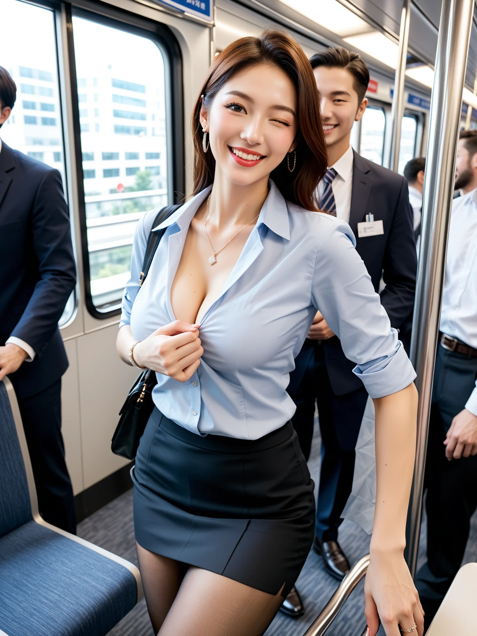 くっそエロい｜黒タイツOL電車痴漢中出し｜無料AIエロ画像28枚 - シャツのボタンを自分で開けてる、谷間から下が全部見えそうな大胆さ