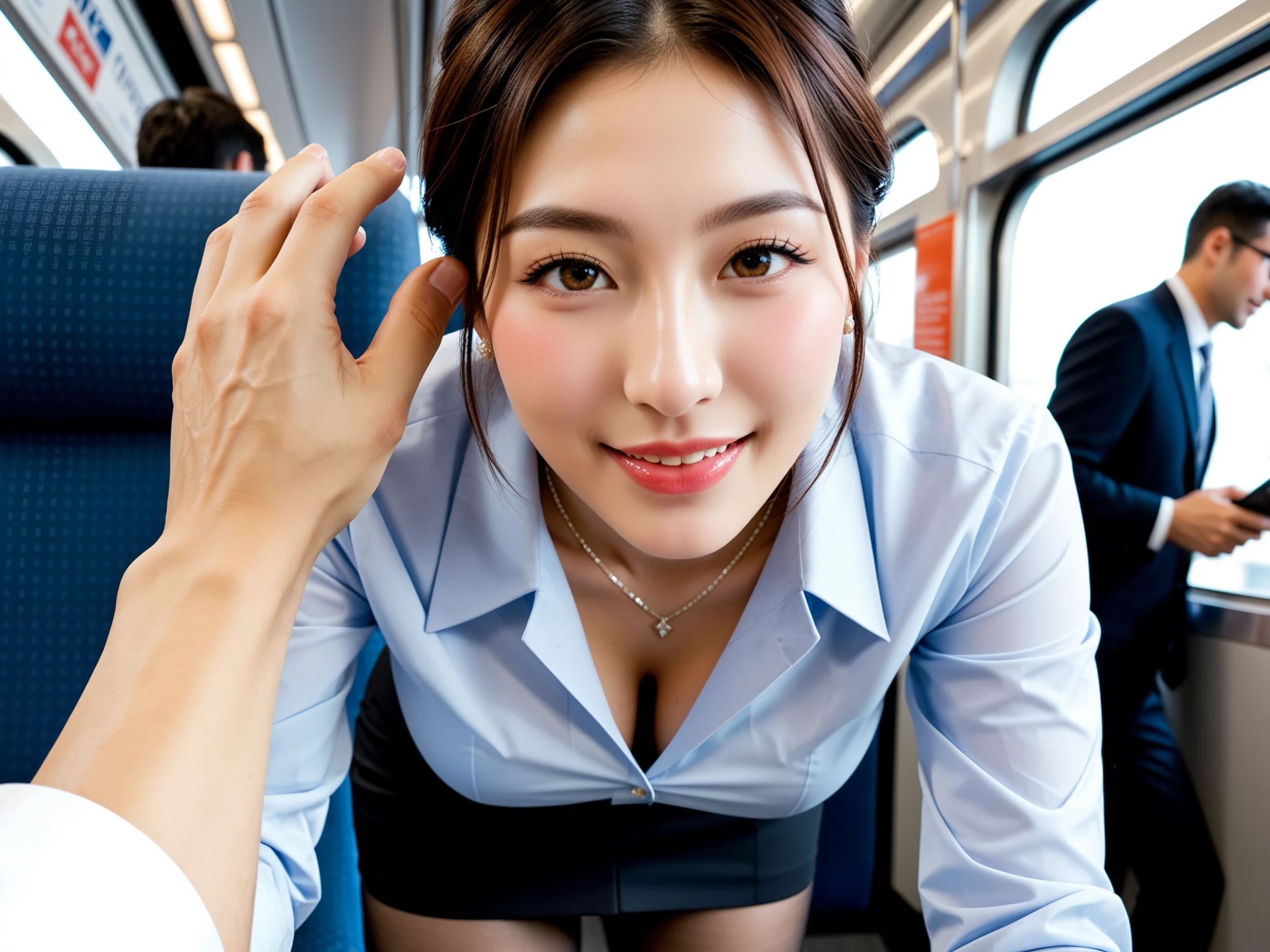 くっそエロい｜黒タイツOL電車痴漢中出し｜無料AIエロ画像28枚 - 至近距離で見上げてくるアップ、胸元の谷間に吸い込まれそうな構図