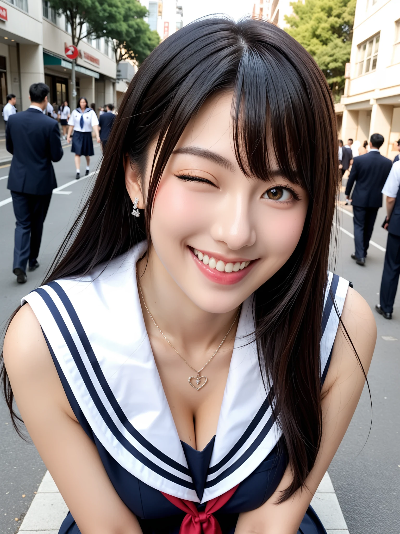 パンチラ天国｜制服JK通学路パンチラ盗撮｜無料AIエロ画像28枚 - ウインクで寄ってくる至近距離、襟元の開きに目が吸い寄せられる