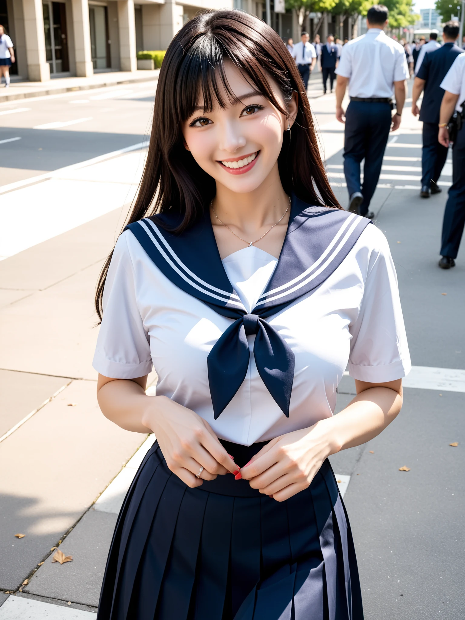 パンチラ天国｜制服JK通学路パンチラ盗撮｜無料AIエロ画像28枚 - プリーツスカートの裾を両手でつまむ仕草、正面から見たら全部見えてる