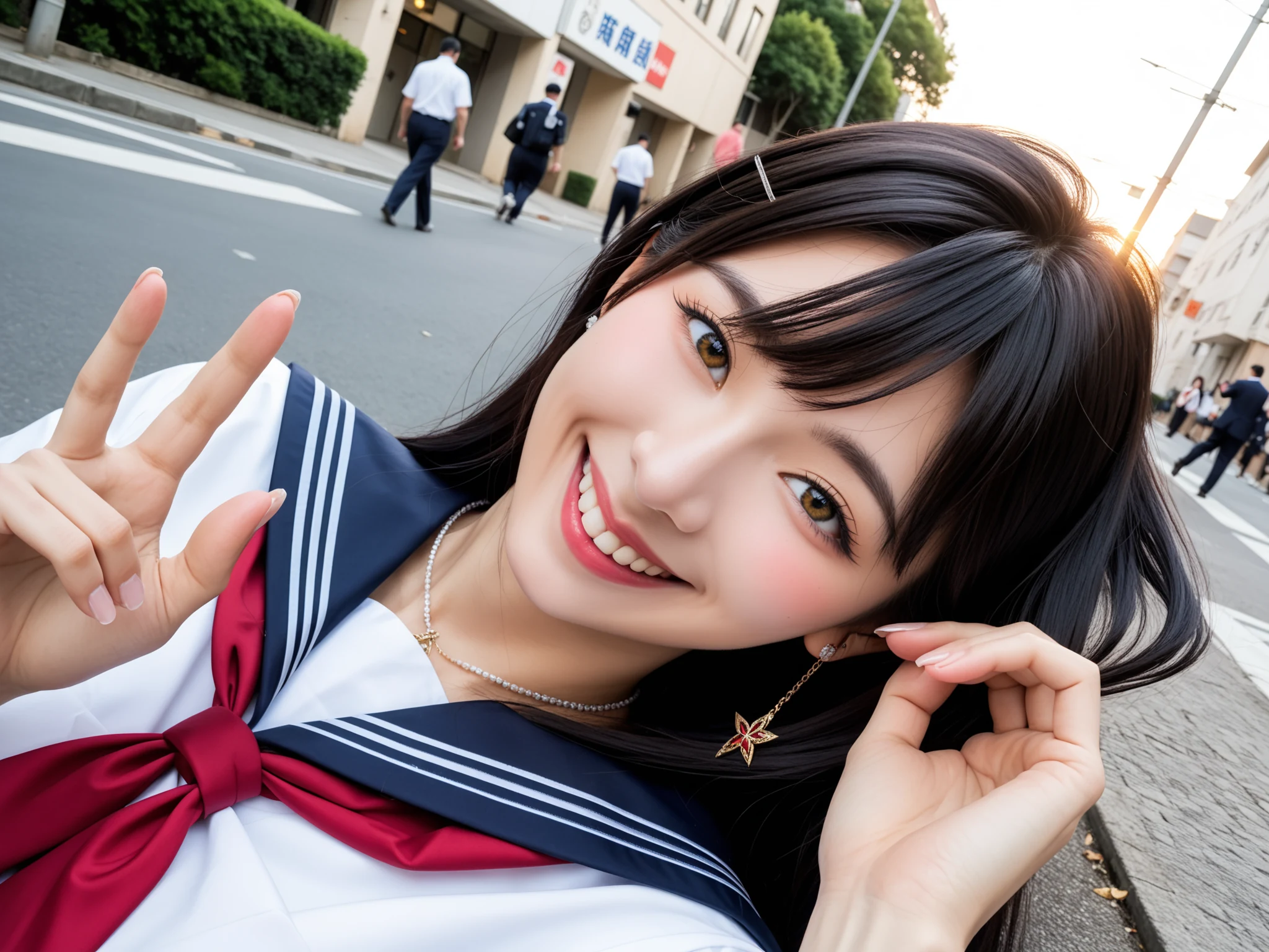 パンチラ天国｜制服JK通学路パンチラ盗撮｜無料AIエロ画像28枚 - ピースして首を傾げた赤リボン、ローアングルで捉えたこの子が可愛すぎる