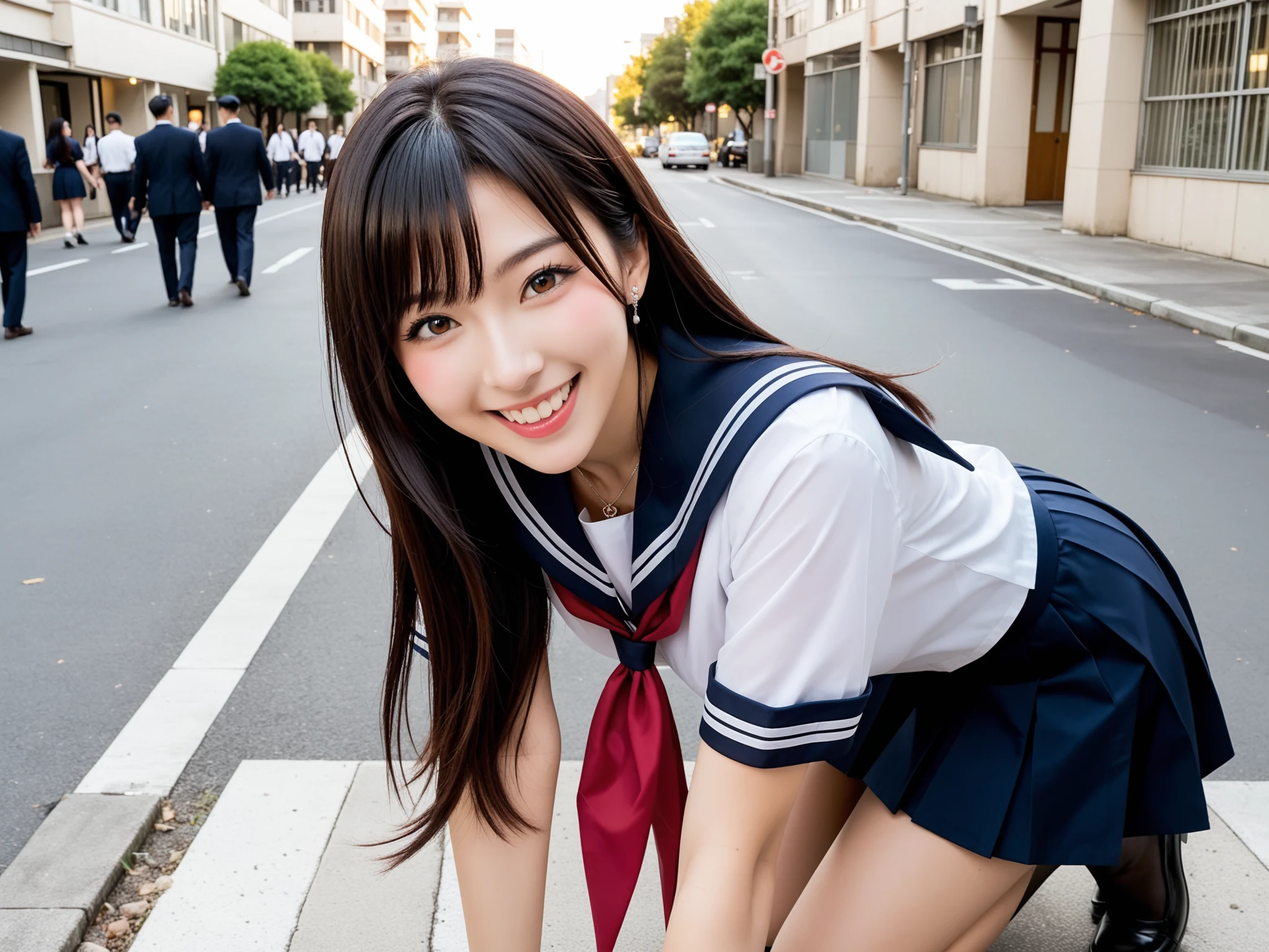 パンチラ天国｜制服JK通学路パンチラ盗撮｜無料AIエロ画像28枚 - 道路にしゃがんで赤リボン揺れる、スカートの奥が気になって仕方ない