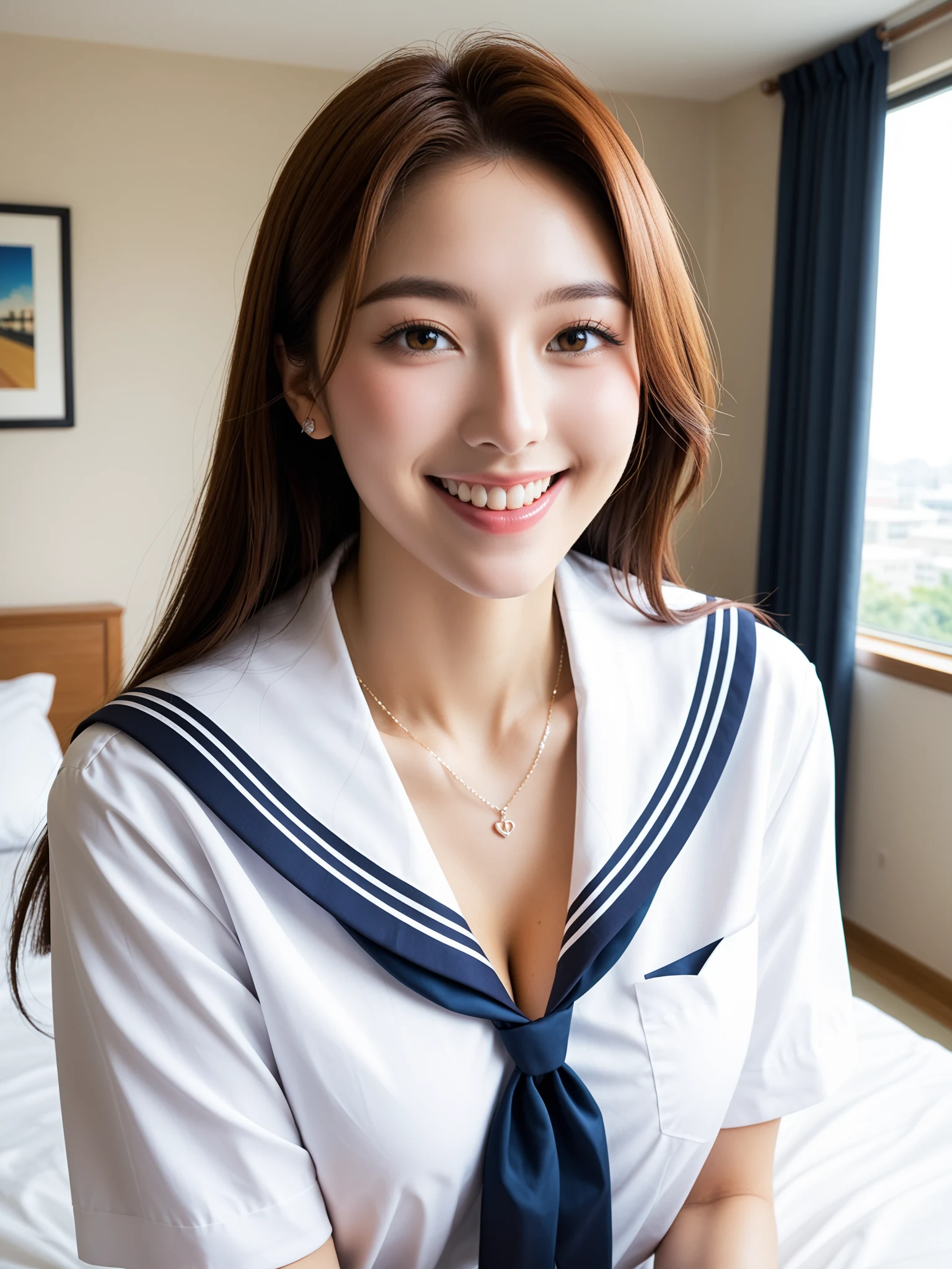 エロすぎ｜清楚JKの自宅寸止めじらし｜無料AIエロ画像28枚 - 制服の胸元が大きく開いた笑顔アップ、谷間に視線が吸い込まれる